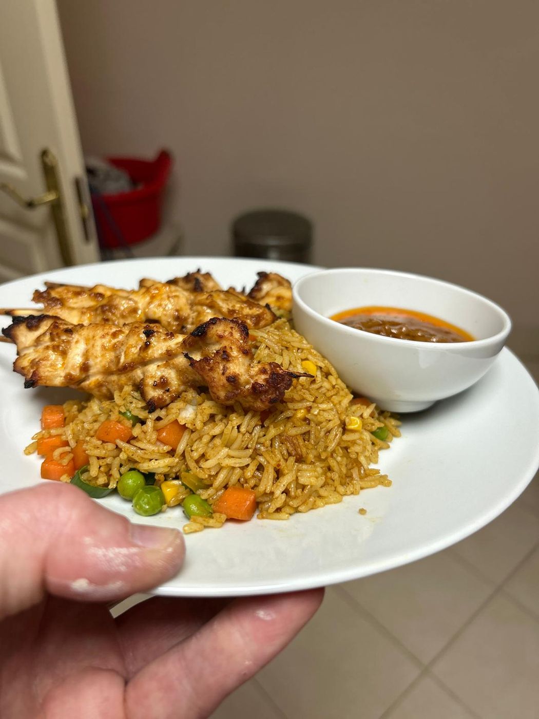 Chicken skewers with rice