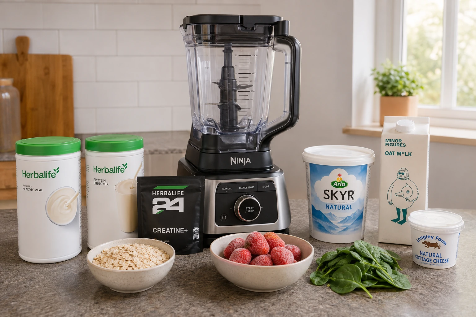Ninja blender with the ingredients for Mark's Formula 1 training-day shake