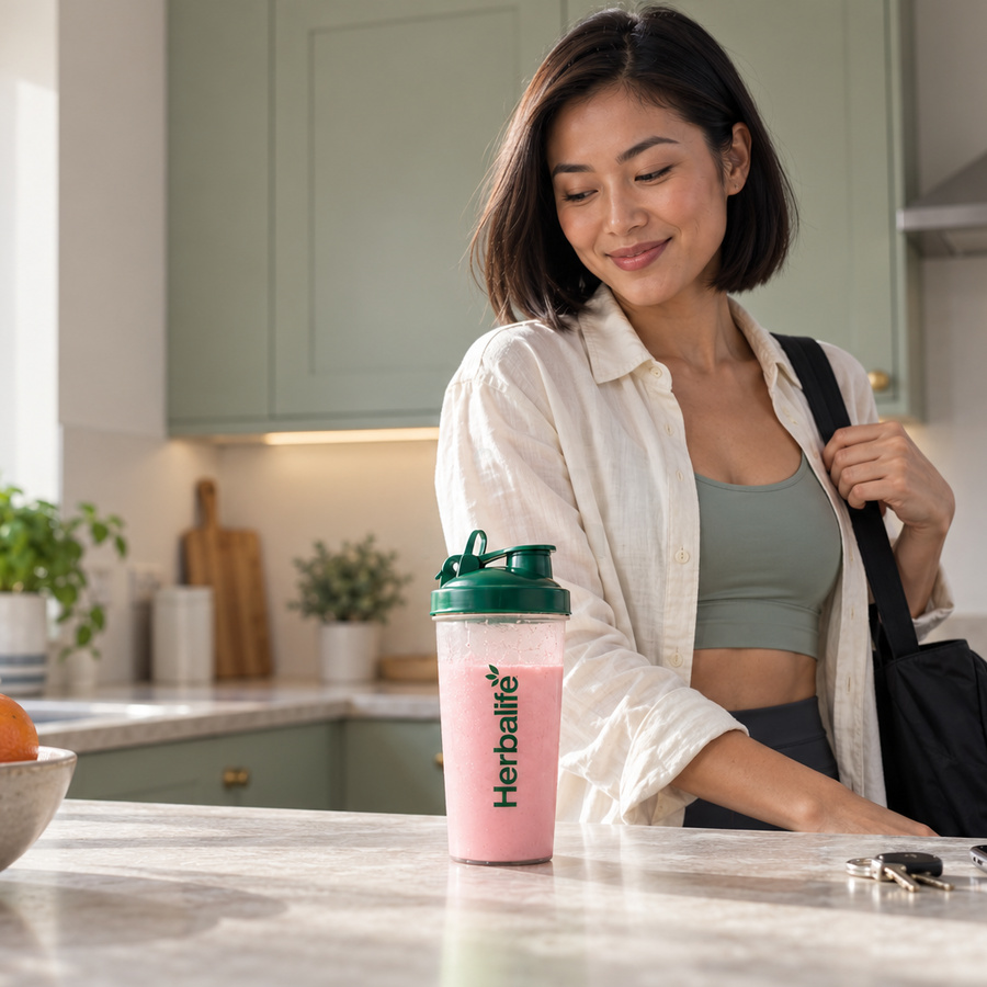 A strawberry Herbalife shake on a kitchen counter as a woman gets ready to go out