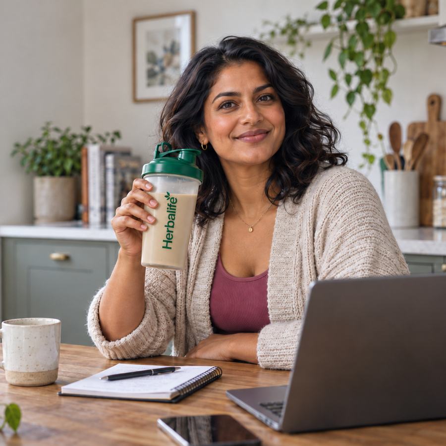 Woman at her kitchen table with a laptop and a Herbalife shake