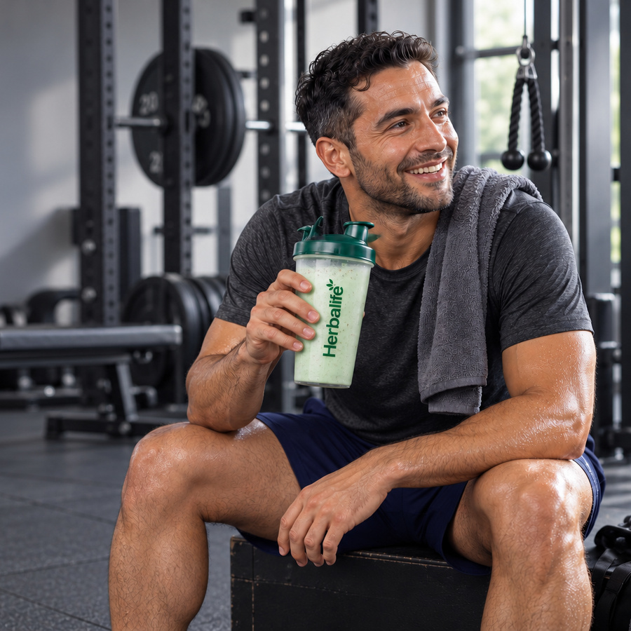 Man sitting in the gym after a workout with a Herbalife shake