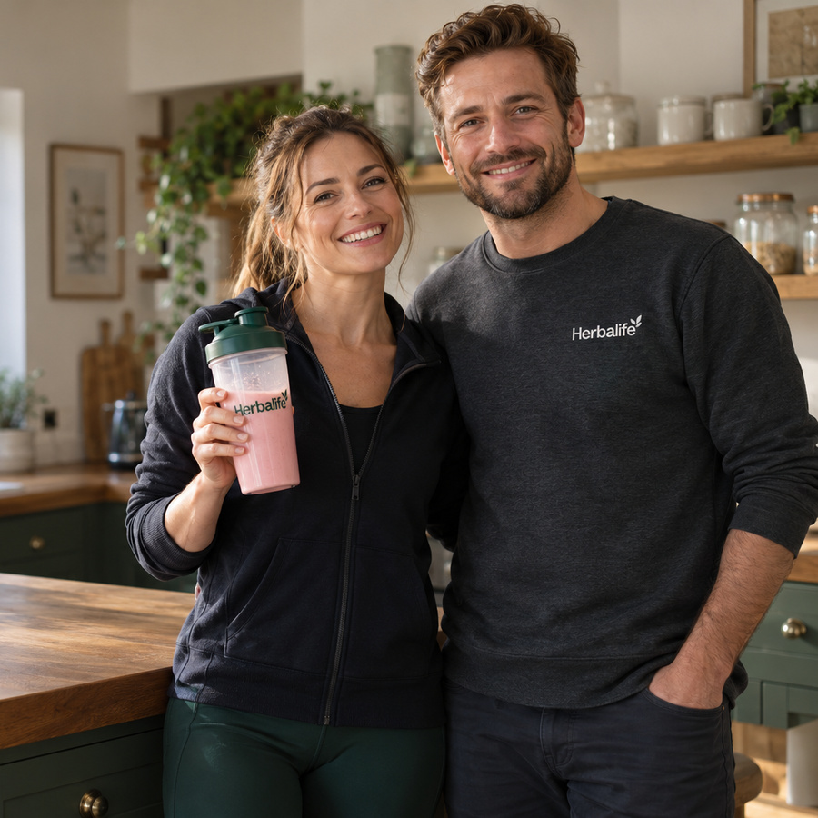 Two people smiling in a kitchen, one holding a Herbalife shake