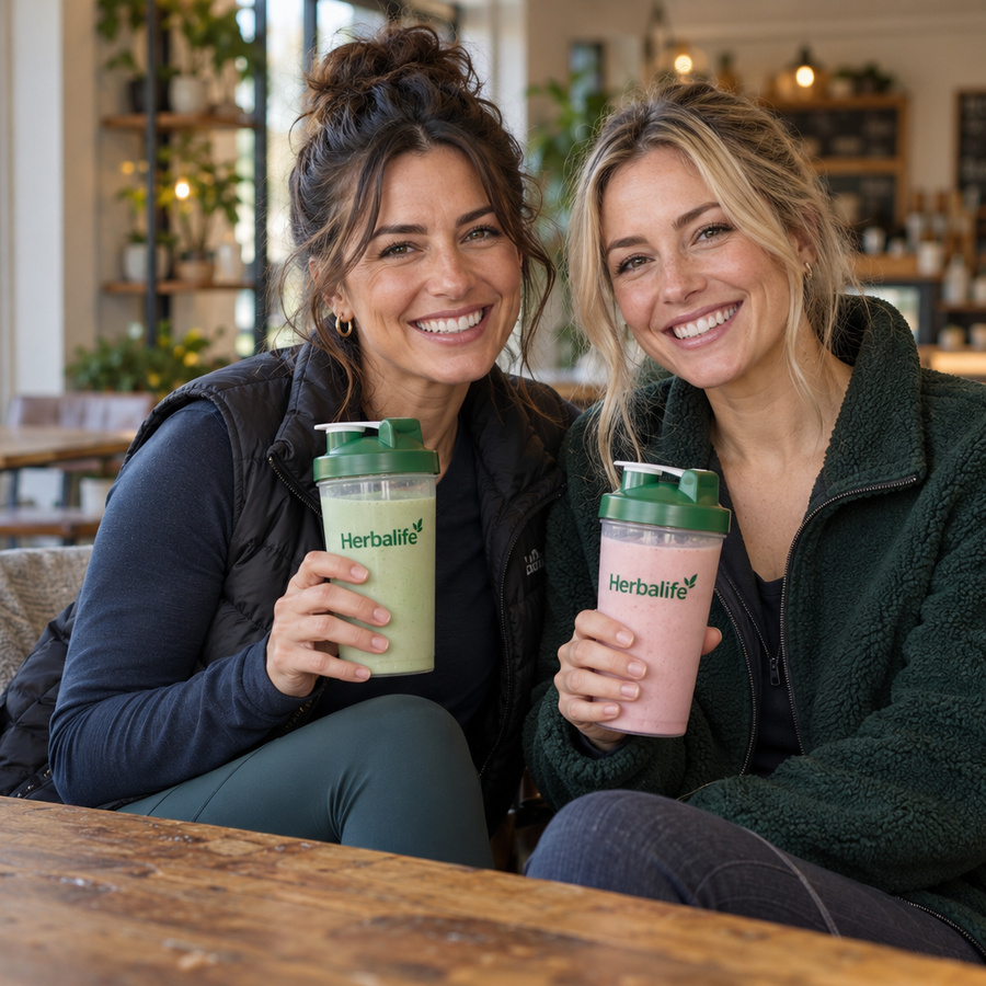 Two friends at a café table, each holding a Herbalife shake