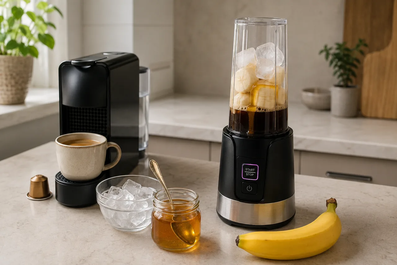 A banana, honey and coffee pre-workout shake ready in a blender, with espresso and honey on a kitchen counter