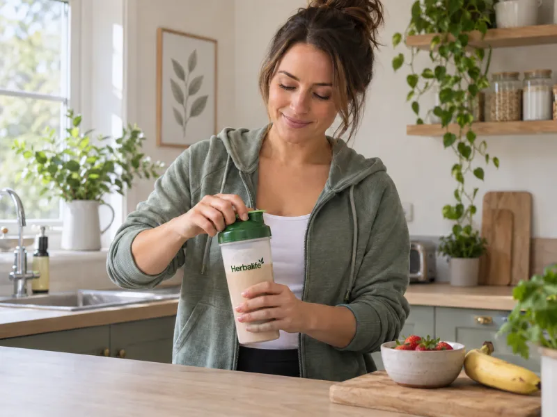A woman preparing a Herbalife shake in a bright home kitchen