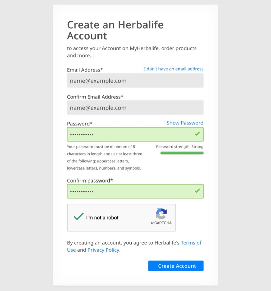 Herbalife Create an Account screen, with example email name@example.com